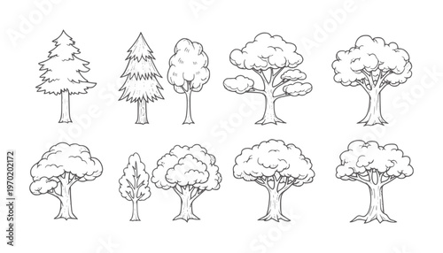 Collection of eight hand drawn black and white trees in various styles nature forest
