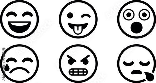 Black and white emoji faces showing happy winking angry and crying emotions