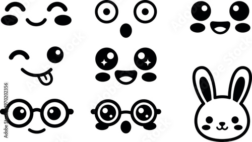 Cute black and white kawaii faces with glasses and bunny head vector art