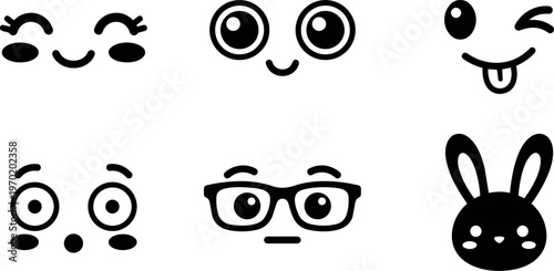 Six black and white kawaii faces including blinking winking nerd and bunny face