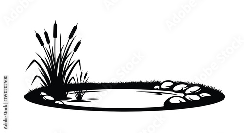 Black and white illustration of pond reeds and rocks a striking silhouette