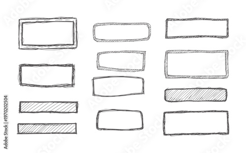 Collection of hand drawn rectangular frames and boxes with hatching rectangle