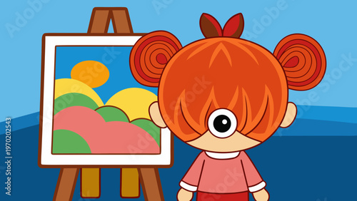 back view of redhead child painting on canvas in art school