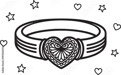 Outline drawing of a claddagh ring with decorative heart surrounded by stars and hearts