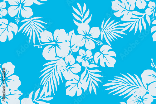 Tropical hibiscus flower seamless pattern with palm leaves on blue background.