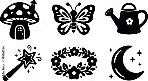Black and white whimsical mushroom house butterfly watering can magic wand flower wreath crescent moon icons