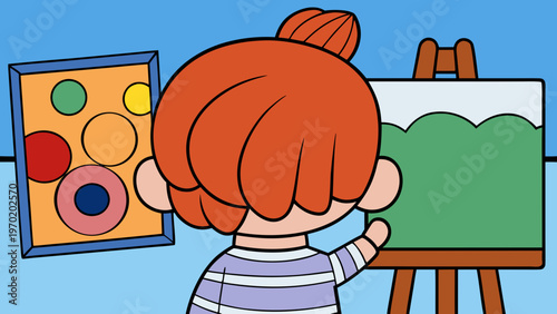 back view of redhead child painting on canvas in art school