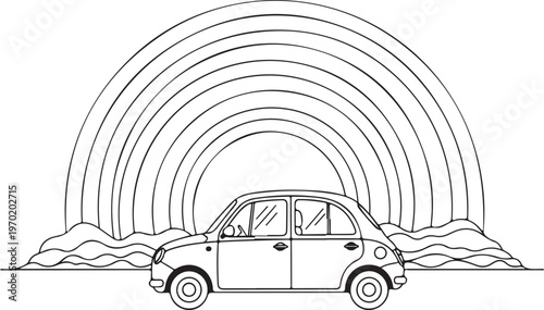 Simple outline drawing of a retro car driving towards a colorful rainbow arch isolated on transparent background
