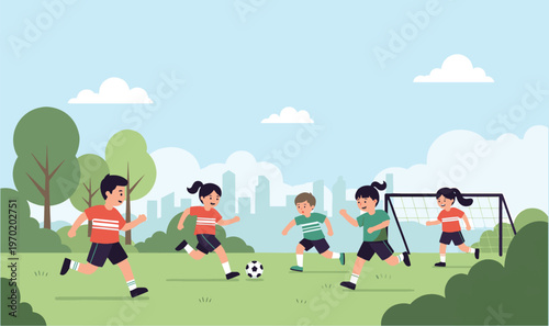 Cheerful Kids Playing Football Illustration - Fun Youth Sports Graphics for Children's Apps, School Events  Playtime Concepts