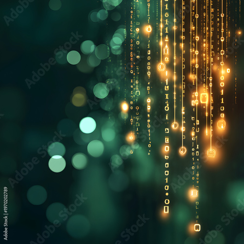 Abstract Digital Data Stream Background with Glowing Binary Code and Bokeh Lights, Representing Technology, Innovation, and Artificial Intelligence