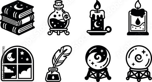 Black and white magic books potion candles crystal balls line art vector icons