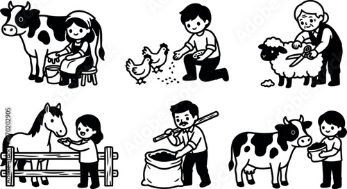 People feeding and caring farm animals