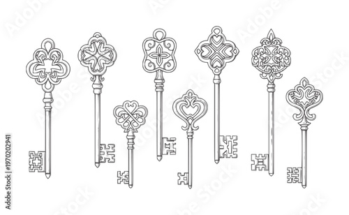 Collection of ornate antique skeleton keys in black and white line vintage