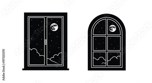 Two ornate windows display a starry night scene a striking silhouette