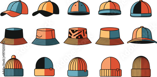 Hat icon collection with caps, bucket hats and winter beanies, colorful fashion accessories flat vector illustration set