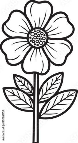 Stylized black outline drawing of a single blooming flower with leaves on a transparent background