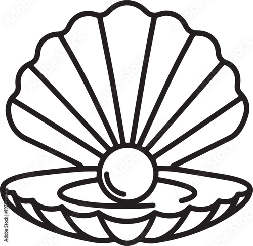 Stylized black line art of an open oyster shell revealing a pearl inside