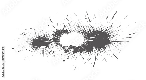 Dark grey ink splatters and halftone dots white splash paint drop