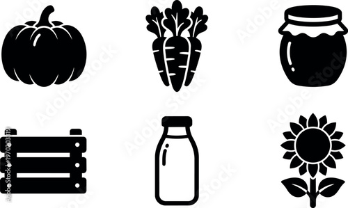 Black and white flat design icons pumpkin carrots jar crate milk bottle sunflower