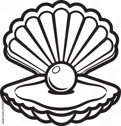 Stylized illustration of an open scallop shell cradling a luminous pearl inside isolated on transparent background