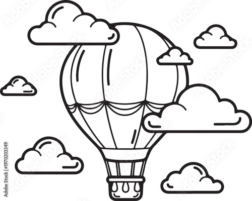 Stylized outline hot air balloon floats serenely amidst fluffy cartoon clouds