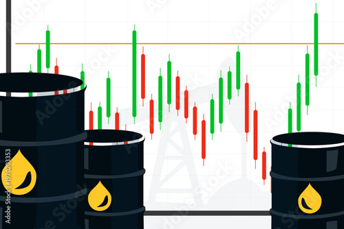 Crude oil barrels with financial candlestick chart and pumpjack on background. Petroleum market trading concept