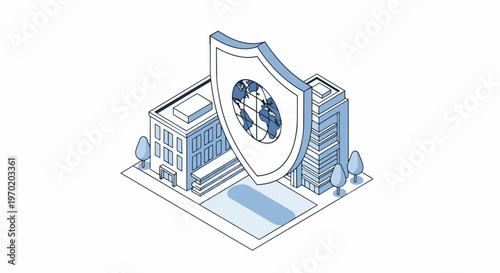 Global Security and Urban Protection Concept: Isometric Illustration of a Shield with World Map over Modern Buildings
