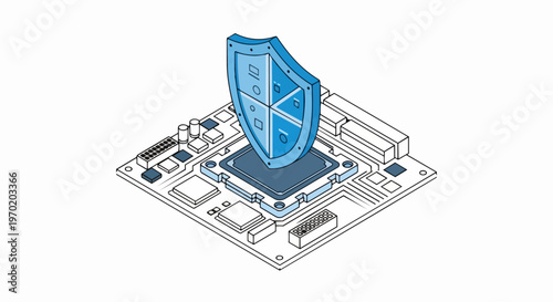 Isometric Cybersecurity Illustration of a Protective Shield on a Computer Processor Motherboard for Hardware Data Protection and Network Security Concept