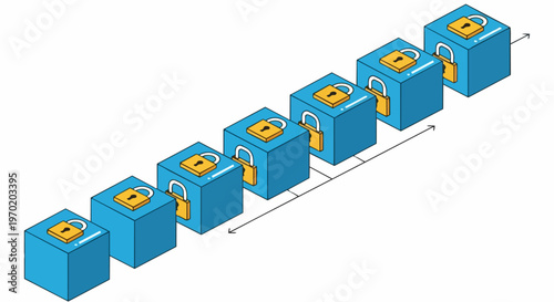 Isometric Blockchain Concept Illustration with Locked Blue Cubes Representing Secure Data Transactions and Distributed Ledger Technology for Cybersecurity