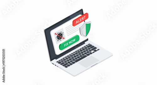 Cybersecurity Concept: Isometric Laptop with Malware Virus Alert and Antivirus Protection Shield