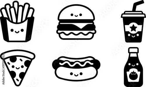 Cute black and white fast food icons with happy faces