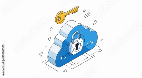 Isometric Cloud Security Concept with Padlock and Key for Data Protection and Encryption