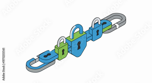 Multi-Layered Cyber Security Concept with Three Padlocks Linked on a Metal Chain, Isometric Vector Art on White Background