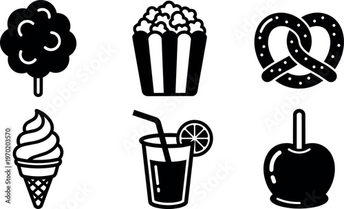 Black and white popcorn cotton candy ice cream pretzel juice and candy apple icons