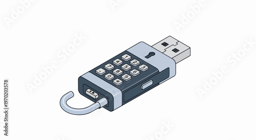 Secure Hardware Encrypted USB Flash Drive with Physical Keypad for Data Protection and Cybersecurity - Isometric Illustration