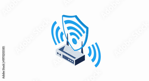 Isometric Wireless Router and Blue Shield Icon Concept for Secure Wi-Fi, Cyber Security, and Network Protection
