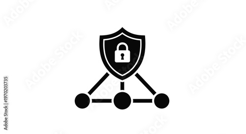 Black shield with padlock and connected nodes a protective silhouette