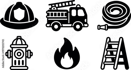 Black fire helmet fire truck hose hydrant flame ladder icons