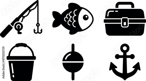 Black fishing gear icons rod fish hook bucket anchor tackle box float