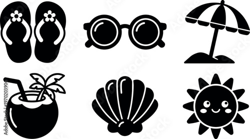 Black and white summer icons flip flops sunglasses umbrella coconut shell sun