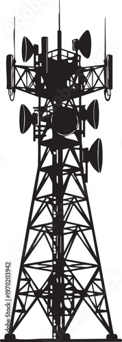 Cell tower, communication tower, radio antenna, black silhouette, telecommunications infrastructure
