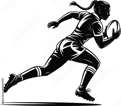 Dynamic female rugby player running with ball silhouette illustration, powerful athletic motion, speed and strength concept, sports action graphic isolated on white background