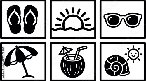 Black and white summer icons with flip flops sunglasses umbrella and coconut drink