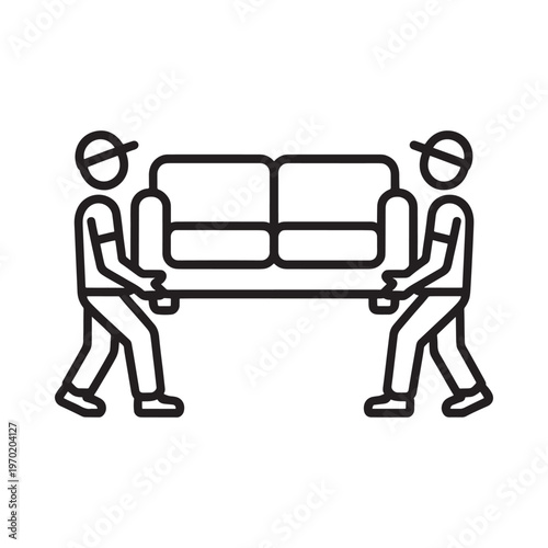 Two movers carefully carrying a sofa depicted in a simple line drawing