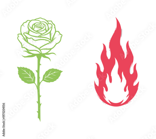 Green rose and red flame flower