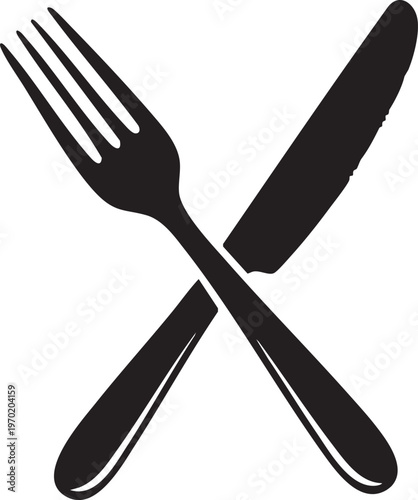 Crossed silverware icons, black cutlery set, fork and knife vector, dining utensils