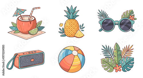 Set of stylized summer themed illustrations featuring a coconut cocktail pineapple tropical sunglasses portable speaker and beach ball
