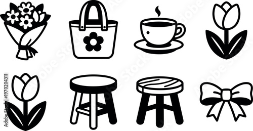 Black and white floral bag coffee cup stool and bow icons