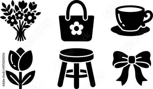 Black and white flower bouquet purse cup stool and bow icon set