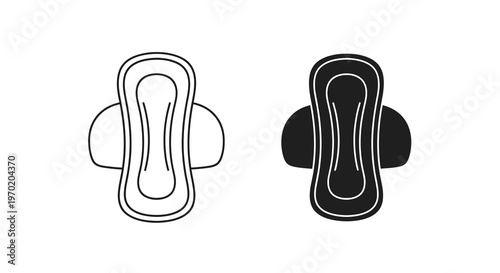 Two sanitary pad icons one outline and one solid a black silhouette